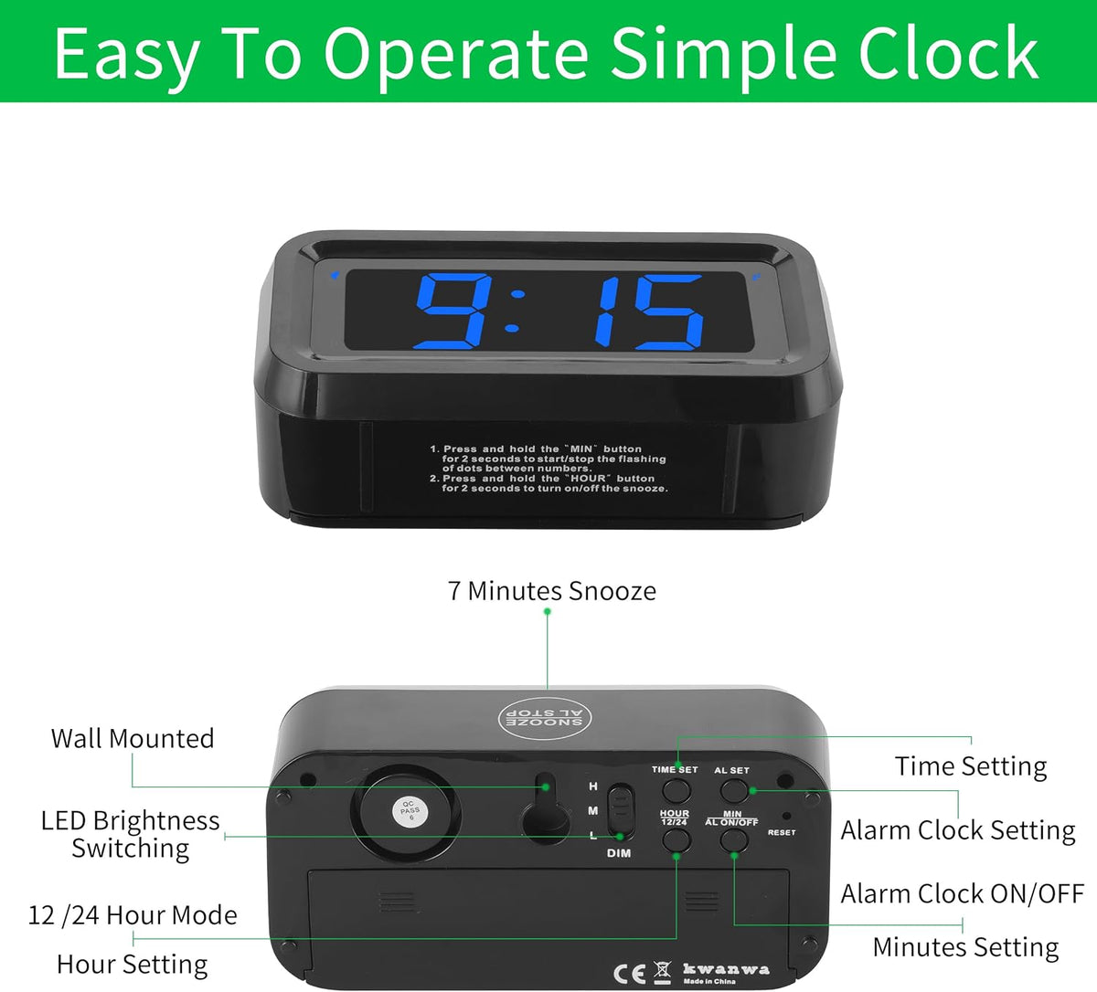 1.2 Inch Small Digital Alarm Clock, Green LED Display with Adjustable Brightness & Night Mode, Battery Operated Portable Desk Clock, for Bedroom, Travel, Kids, Wall Mount (Snooze, 12/24H)
