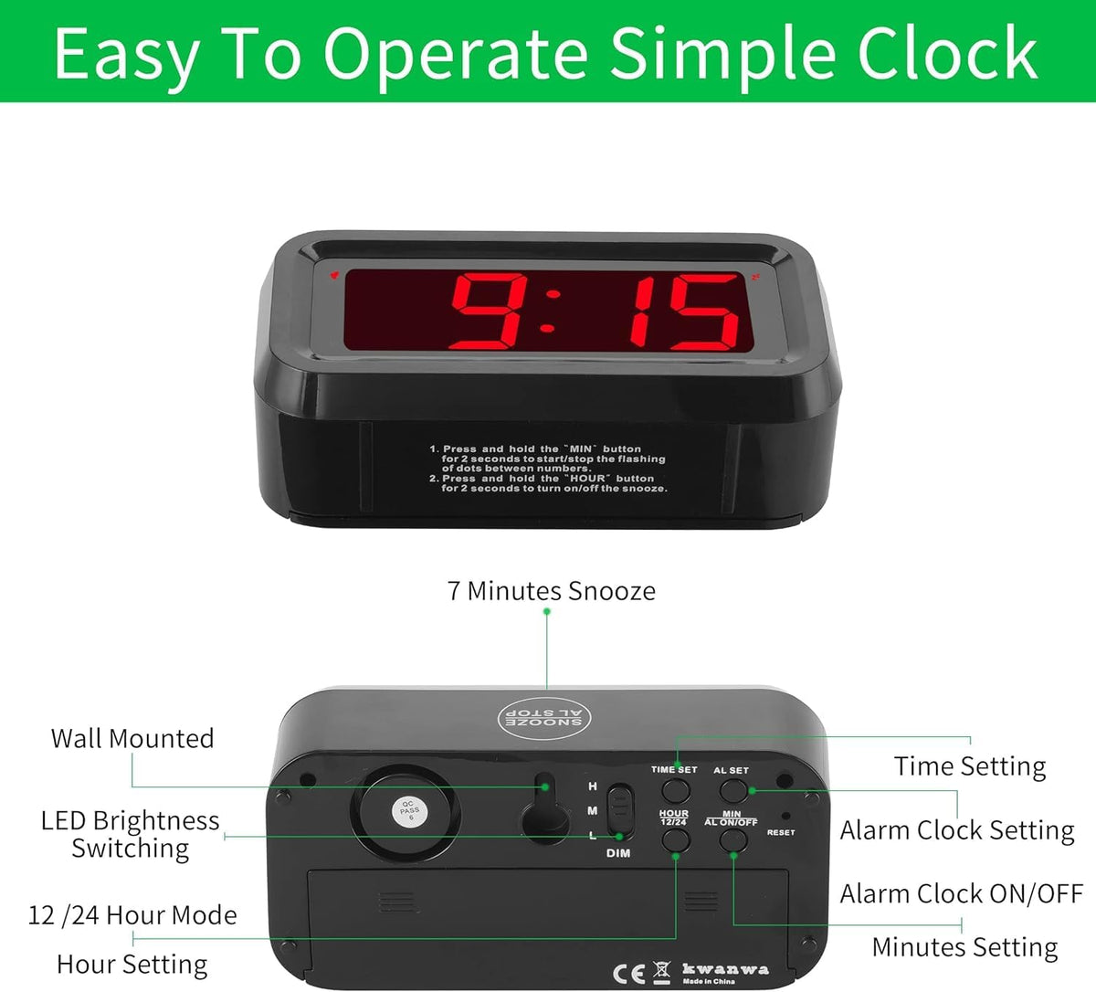 1.2 Inch Small Digital Alarm Clock, Green LED Display with Adjustable Brightness & Night Mode, Battery Operated Portable Desk Clock, for Bedroom, Travel, Kids, Wall Mount (Snooze, 12/24H)