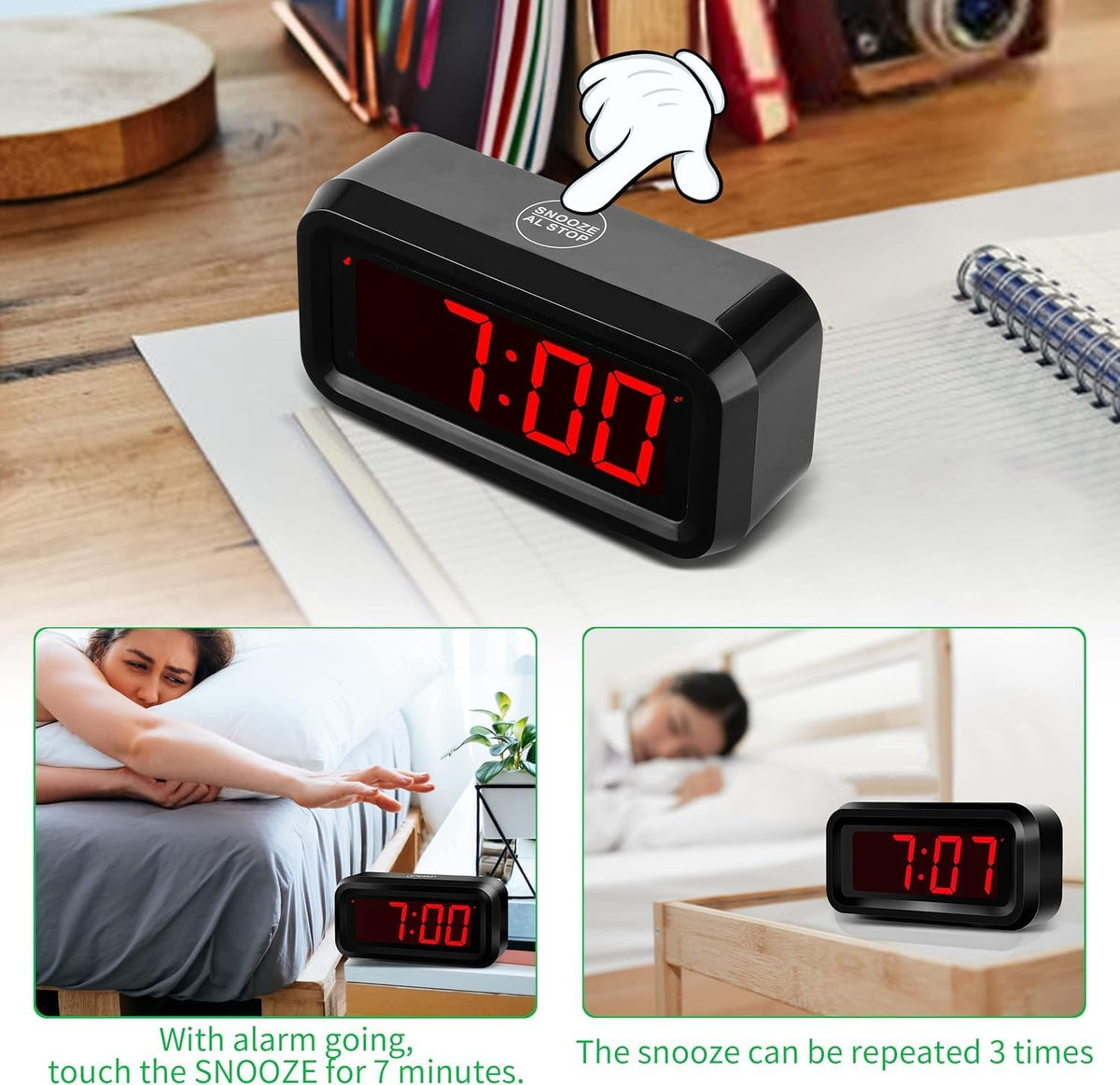 1.2 Inch Small Digital Alarm Clock, Green LED Display with Adjustable Brightness & Night Mode, Battery Operated Portable Desk Clock, for Bedroom, Travel, Kids, Wall Mount (Snooze, 12/24H)