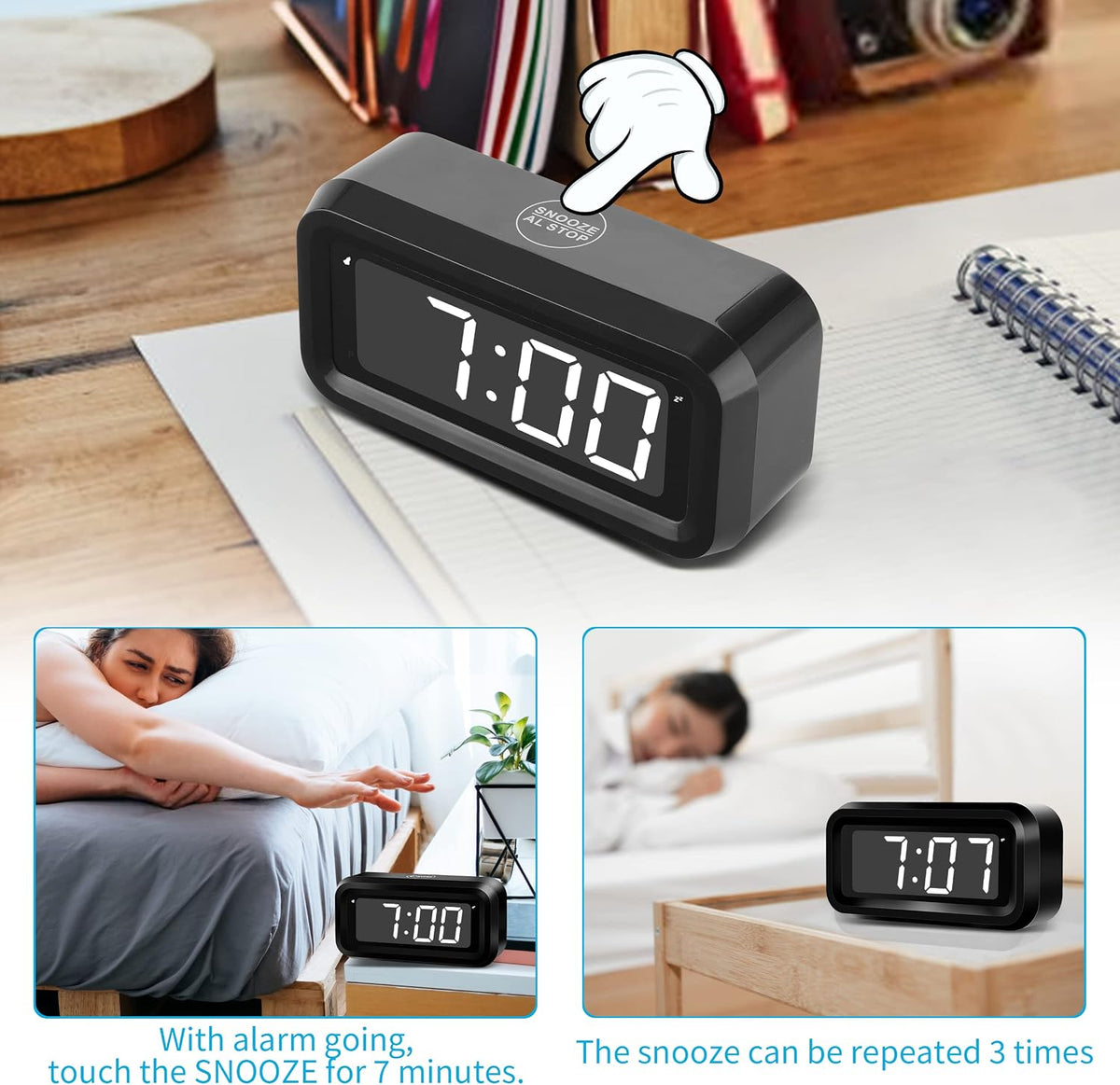 1.2 Inch Small Digital Alarm Clock, Green LED Display with Adjustable Brightness & Night Mode, Battery Operated Portable Desk Clock, for Bedroom, Travel, Kids, Wall Mount (Snooze, 12/24H)