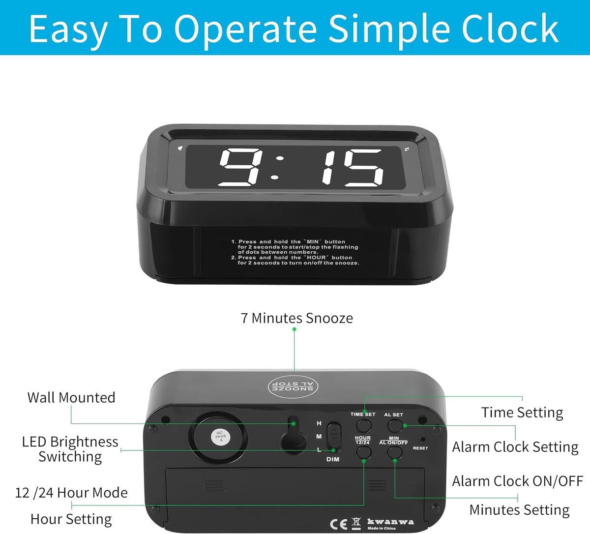 1.2 Inch Small Digital Alarm Clock, Green LED Display with Adjustable Brightness & Night Mode, Battery Operated Portable Desk Clock, for Bedroom, Travel, Kids, Wall Mount (Snooze, 12/24H)