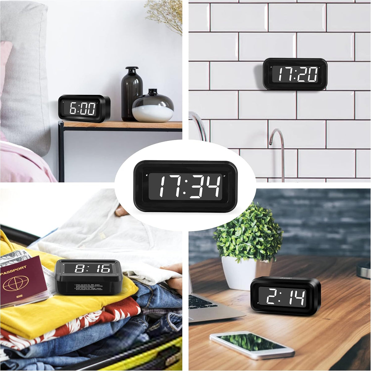 1.2 Inch Small Digital Alarm Clock, Green LED Display with Adjustable Brightness & Night Mode, Battery Operated Portable Desk Clock, for Bedroom, Travel, Kids, Wall Mount (Snooze, 12/24H)
