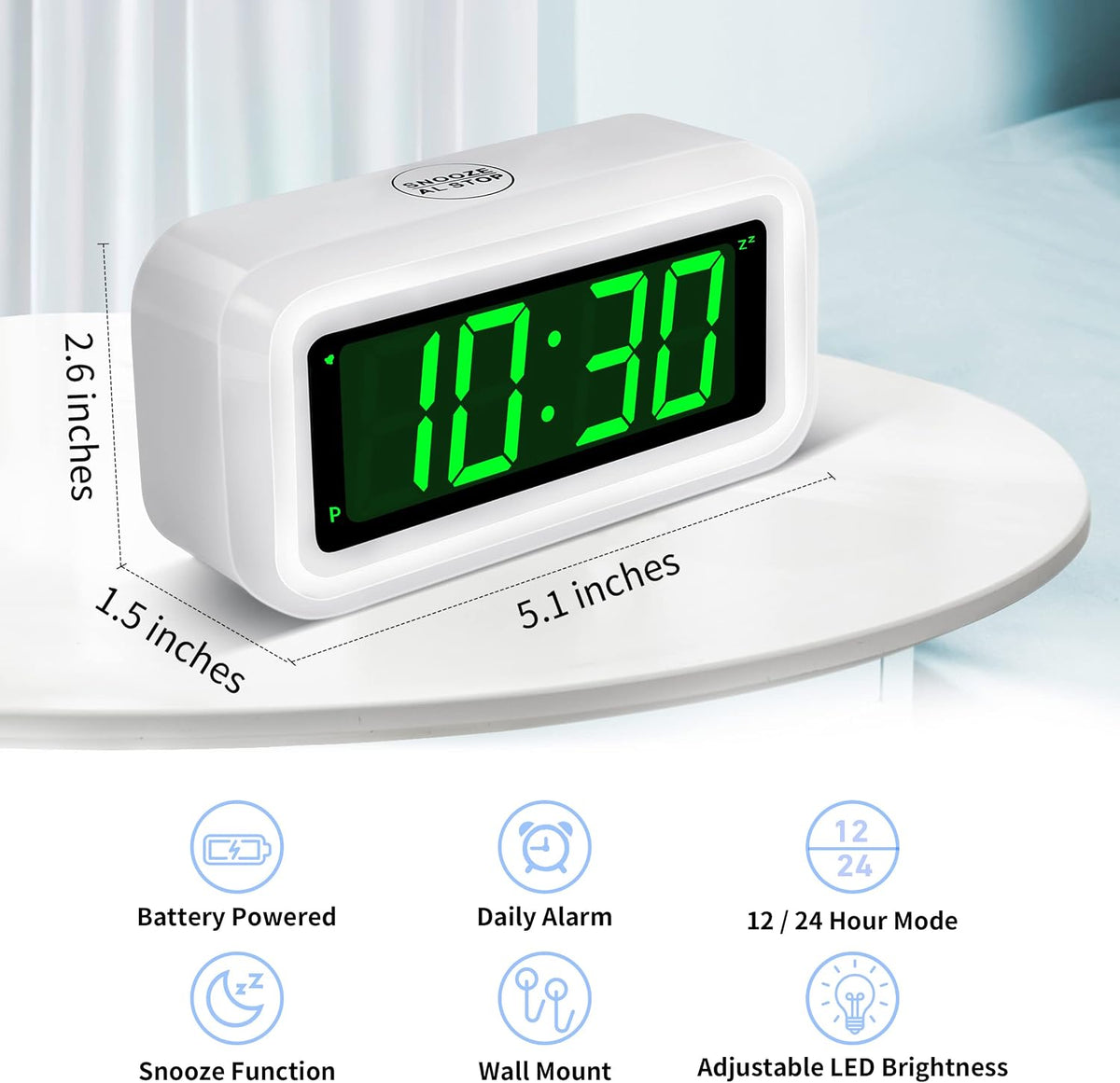 1.2 Inch Small Digital Alarm Clock, Green LED Display with Adjustable Brightness & Night Mode, Battery Operated Portable Desk Clock, for Bedroom, Travel, Kids, Wall Mount (Snooze, 12/24H)