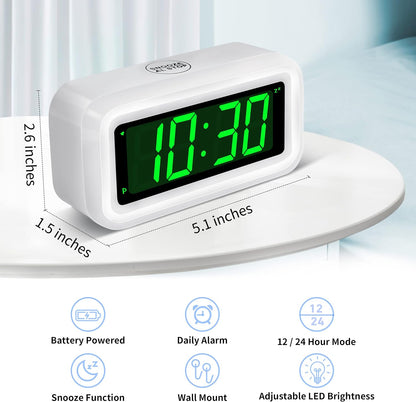 1.2 Inch Small Digital Alarm Clock, Green LED Display with Adjustable Brightness & Night Mode, Battery Operated Portable Desk Clock, for Bedroom, Travel, Kids, Wall Mount (Snooze, 12/24H)