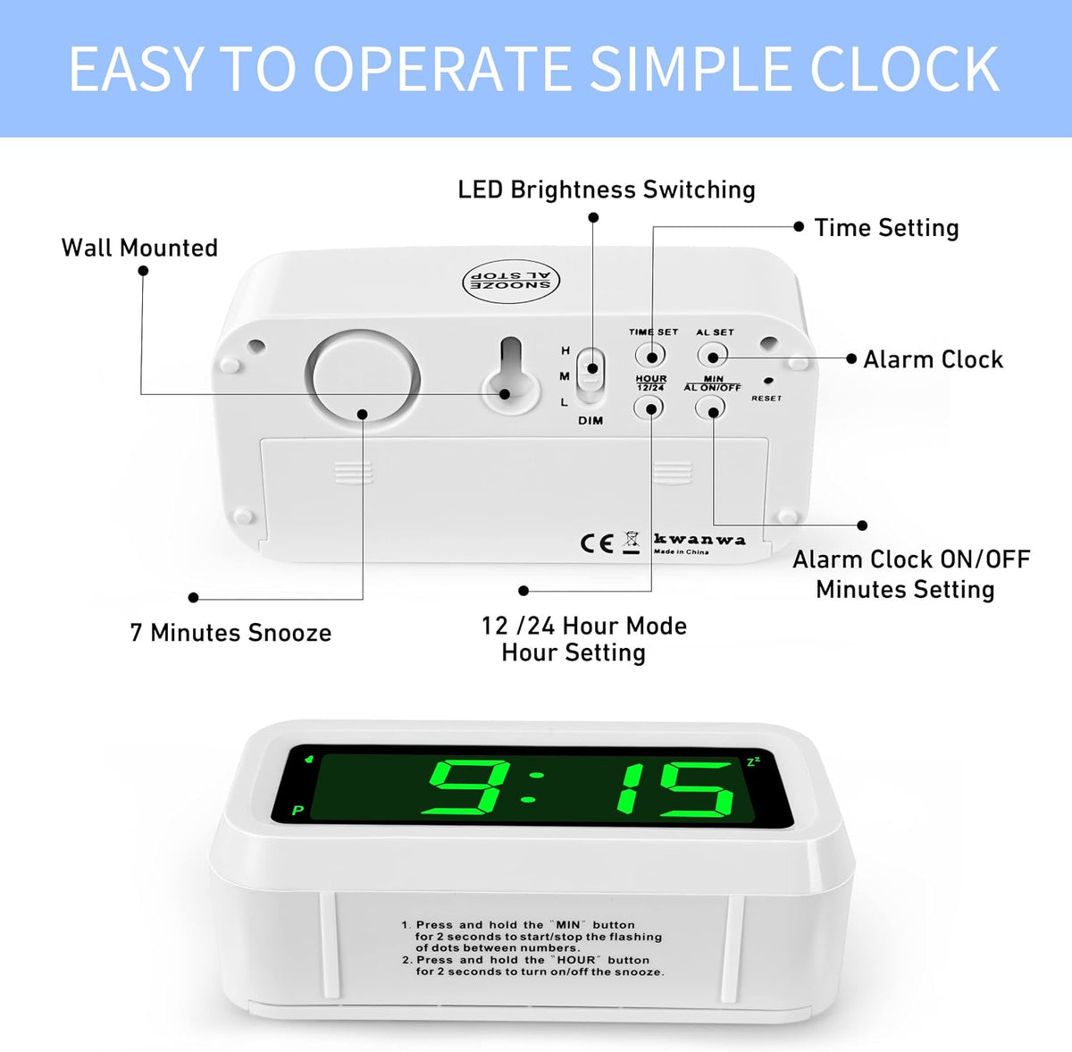 1.2 Inch Small Digital Alarm Clock, Green LED Display with Adjustable Brightness & Night Mode, Battery Operated Portable Desk Clock, for Bedroom, Travel, Kids, Wall Mount (Snooze, 12/24H)