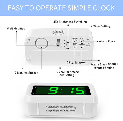 1.2 Inch Small Digital Alarm Clock, Green LED Display with Adjustable Brightness & Night Mode, Battery Operated Portable Desk Clock, for Bedroom, Travel, Kids, Wall Mount (Snooze, 12/24H)