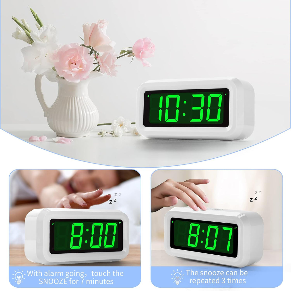 1.2 Inch Small Digital Alarm Clock, Green LED Display with Adjustable Brightness & Night Mode, Battery Operated Portable Desk Clock, for Bedroom, Travel, Kids, Wall Mount (Snooze, 12/24H)