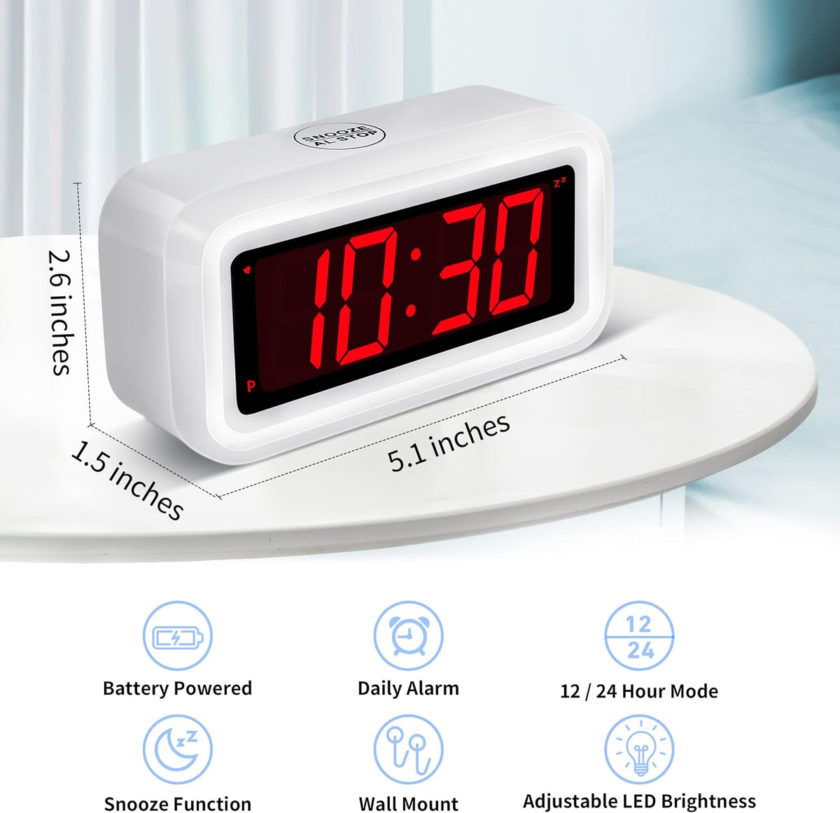 1.2 Inch Small Digital Alarm Clock, Green LED Display with Adjustable Brightness & Night Mode, Battery Operated Portable Desk Clock, for Bedroom, Travel, Kids, Wall Mount (Snooze, 12/24H)