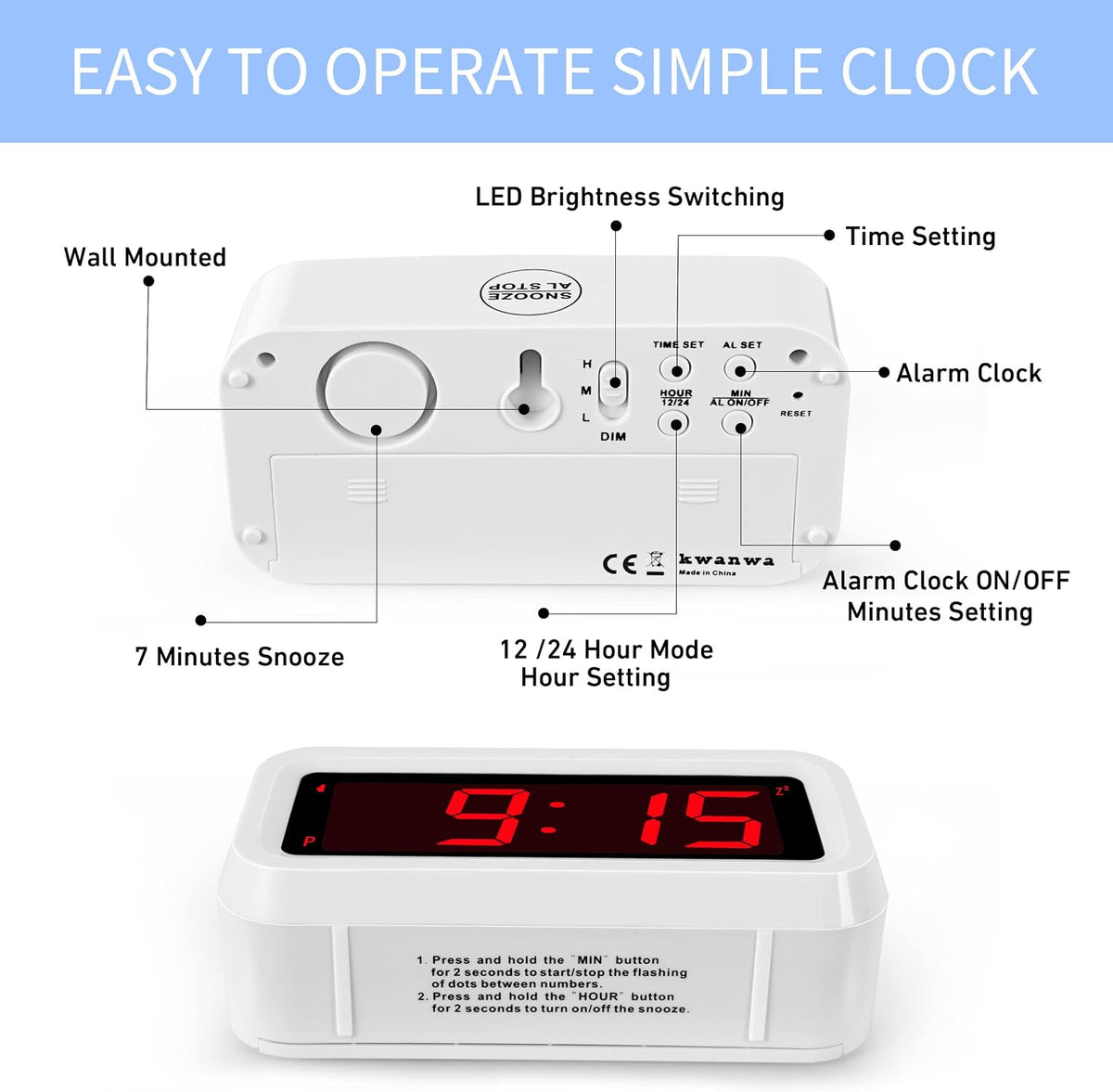 1.2 Inch Small Digital Alarm Clock, Green LED Display with Adjustable Brightness & Night Mode, Battery Operated Portable Desk Clock, for Bedroom, Travel, Kids, Wall Mount (Snooze, 12/24H)