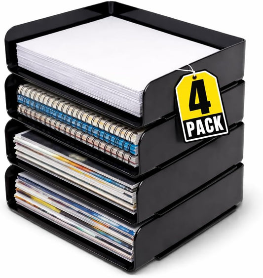 Stackable Paper Tray Organizer, Plastic Letter Tray, Office Desk Tray, Black (4Pack)