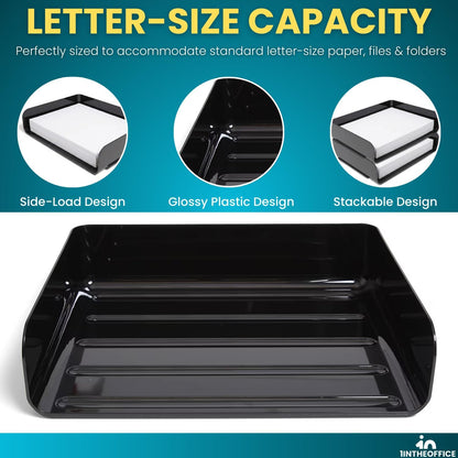 Stackable Paper Tray Organizer, Plastic Letter Tray, Office Desk Tray, Black (4Pack)