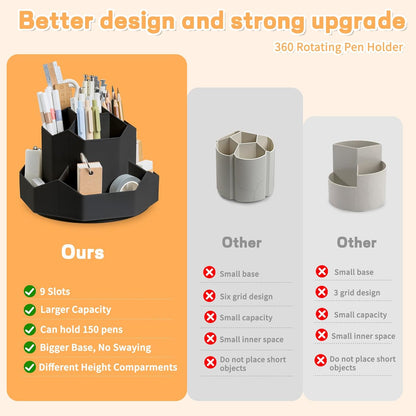 Pencil Pen Holder for Desk,9 Slots 360 Degree Rotating Desk Organizers,Desktop Storage Stationery Supplies Organizer, Cute Pencil Cup Pot For Office, School, Home(Black)
