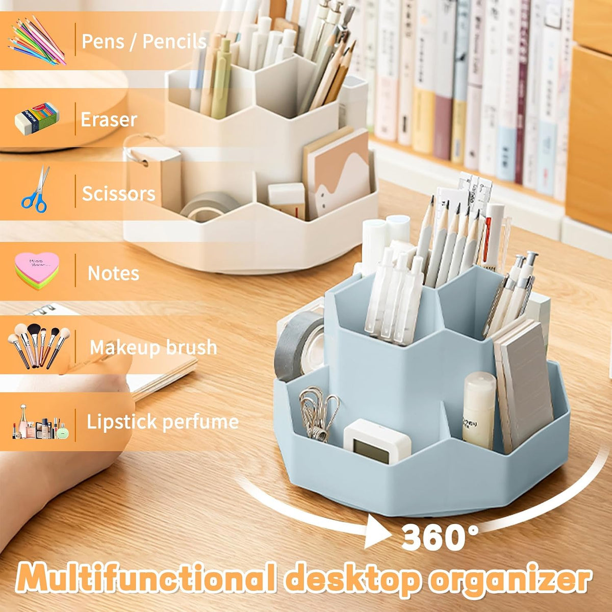 Pencil Pen Holder for Desk,9 Slots 360 Degree Rotating Desk Organizers,Desktop Storage Stationery Supplies Organizer, Cute Pencil Cup Pot For Office, School, Home(Black)