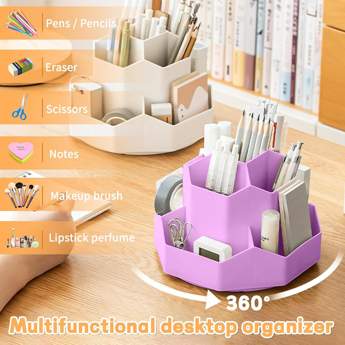 Pencil Pen Holder for Desk,9 Slots 360 Degree Rotating Desk Organizers,Desktop Storage Stationery Supplies Organizer, Cute Pencil Cup Pot For Office, School, Home(Black)