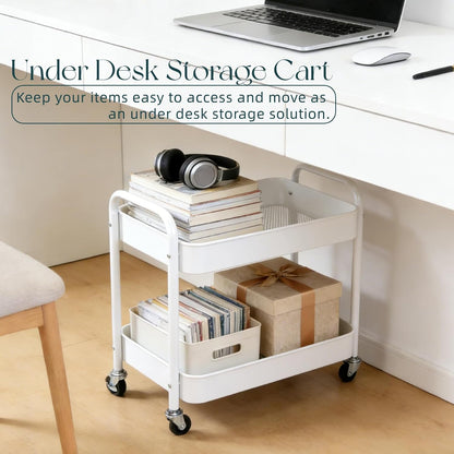 2 Tier Short Rolling Cart with Wheels for Under Desk Storage & Pantry Storage, Large Capacity Metal Kitchen Utility Cart for Small Space, Laundry Room Organizer Side Table with 4 Hooks, White