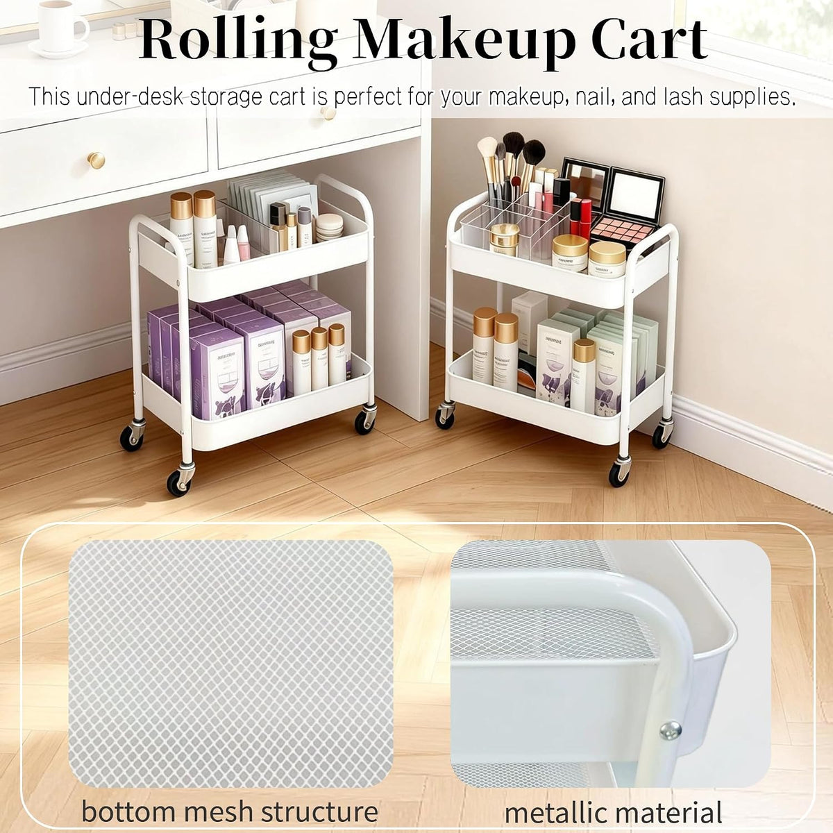 2 Tier Short Rolling Cart with Wheels for Under Desk Storage & Pantry Storage, Large Capacity Metal Kitchen Utility Cart for Small Space, Laundry Room Organizer Side Table with 4 Hooks, White