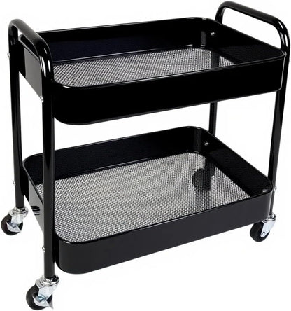 2 Tier Short Rolling Cart with Wheels for Under Desk Storage & Pantry Storage, Large Capacity Metal Kitchen Utility Cart for Small Space, Laundry Room Organizer Side Table with 4 Hooks, White