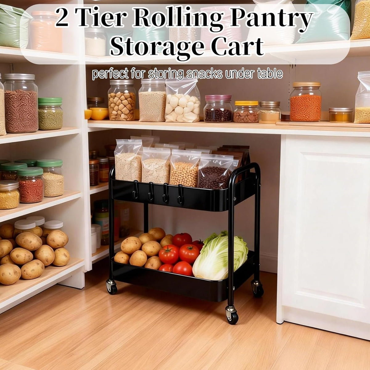 2 Tier Short Rolling Cart with Wheels for Under Desk Storage & Pantry Storage, Large Capacity Metal Kitchen Utility Cart for Small Space, Laundry Room Organizer Side Table with 4 Hooks, White