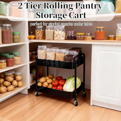 2 Tier Short Rolling Cart with Wheels for Under Desk Storage & Pantry Storage, Large Capacity Metal Kitchen Utility Cart for Small Space, Laundry Room Organizer Side Table with 4 Hooks, White
