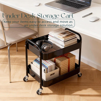 2 Tier Short Rolling Cart with Wheels for Under Desk Storage & Pantry Storage, Large Capacity Metal Kitchen Utility Cart for Small Space, Laundry Room Organizer Side Table with 4 Hooks, White