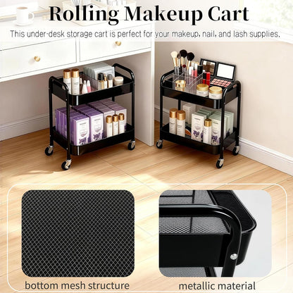 2 Tier Short Rolling Cart with Wheels for Under Desk Storage & Pantry Storage, Large Capacity Metal Kitchen Utility Cart for Small Space, Laundry Room Organizer Side Table with 4 Hooks, White