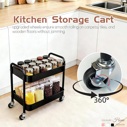 2 Tier Short Rolling Cart with Wheels for Under Desk Storage & Pantry Storage, Large Capacity Metal Kitchen Utility Cart for Small Space, Laundry Room Organizer Side Table with 4 Hooks, White