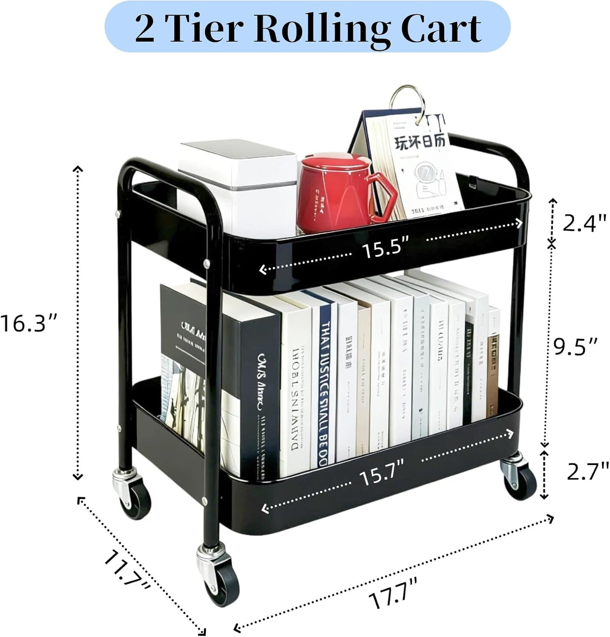 2 Tier Short Rolling Cart with Wheels for Under Desk Storage & Pantry Storage, Large Capacity Metal Kitchen Utility Cart for Small Space, Laundry Room Organizer Side Table with 4 Hooks, White