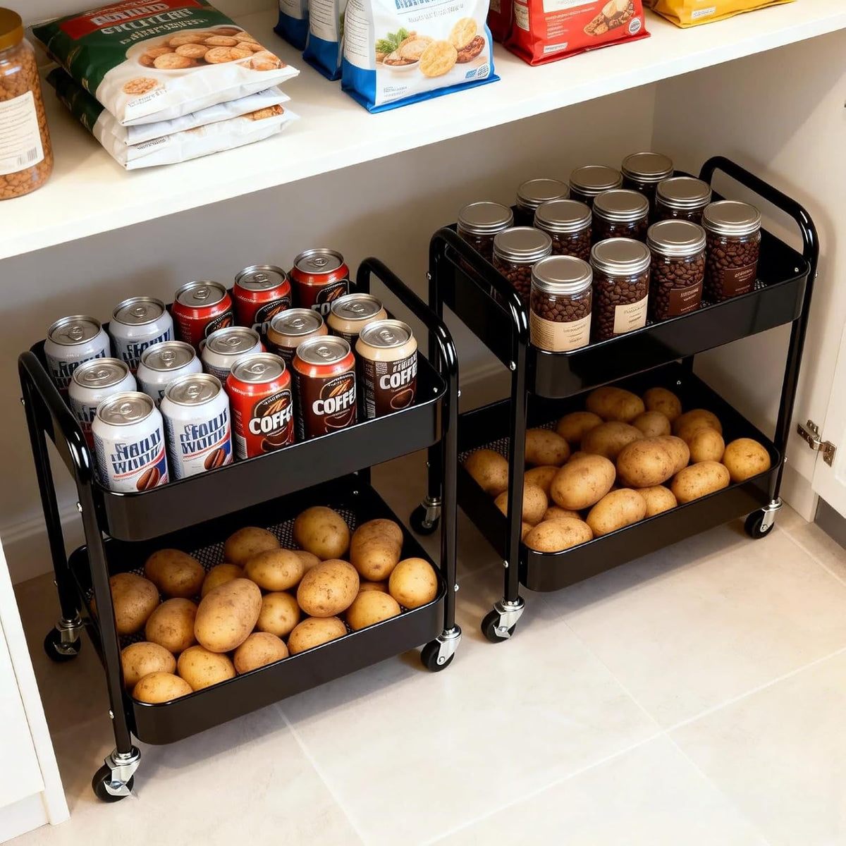 2 Tier Short Rolling Cart with Wheels for Under Desk Storage & Pantry Storage, Large Capacity Metal Kitchen Utility Cart for Small Space, Laundry Room Organizer Side Table with 4 Hooks, White