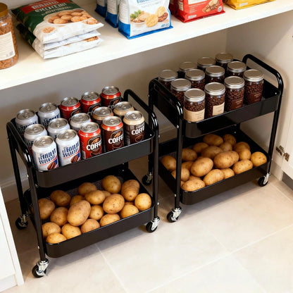 2 Tier Short Rolling Cart with Wheels for Under Desk Storage & Pantry Storage, Large Capacity Metal Kitchen Utility Cart for Small Space, Laundry Room Organizer Side Table with 4 Hooks, White