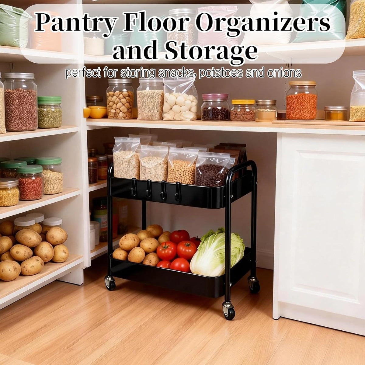 2 Tier Short Rolling Cart with Wheels for Under Desk Storage & Pantry Storage, Large Capacity Metal Kitchen Utility Cart for Small Space, Laundry Room Organizer Side Table with 4 Hooks, White
