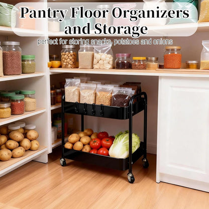 2 Tier Short Rolling Cart with Wheels for Under Desk Storage & Pantry Storage, Large Capacity Metal Kitchen Utility Cart for Small Space, Laundry Room Organizer Side Table with 4 Hooks, White