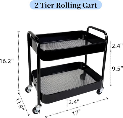2 Tier Short Rolling Cart with Wheels for Under Desk Storage & Pantry Storage, Large Capacity Metal Kitchen Utility Cart for Small Space, Laundry Room Organizer Side Table with 4 Hooks, White