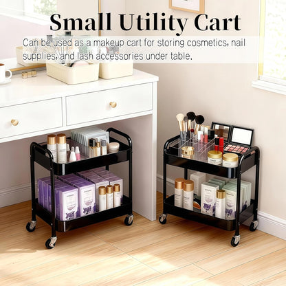 2 Tier Short Rolling Cart with Wheels for Under Desk Storage & Pantry Storage, Large Capacity Metal Kitchen Utility Cart for Small Space, Laundry Room Organizer Side Table with 4 Hooks, White