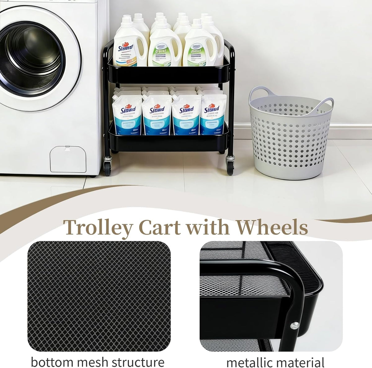 2 Tier Short Rolling Cart with Wheels for Under Desk Storage & Pantry Storage, Large Capacity Metal Kitchen Utility Cart for Small Space, Laundry Room Organizer Side Table with 4 Hooks, White