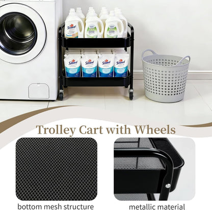 2 Tier Short Rolling Cart with Wheels for Under Desk Storage & Pantry Storage, Large Capacity Metal Kitchen Utility Cart for Small Space, Laundry Room Organizer Side Table with 4 Hooks, White
