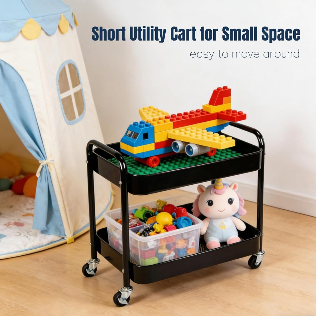 2 Tier Short Rolling Cart with Wheels for Under Desk Storage & Pantry Storage, Large Capacity Metal Kitchen Utility Cart for Small Space, Laundry Room Organizer Side Table with 4 Hooks, White