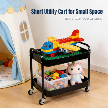 2 Tier Short Rolling Cart with Wheels for Under Desk Storage & Pantry Storage, Large Capacity Metal Kitchen Utility Cart for Small Space, Laundry Room Organizer Side Table with 4 Hooks, White