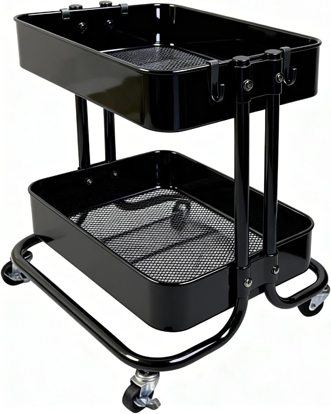 2 Tier Short Rolling Cart with Wheels for Under Desk Storage & Pantry Storage, Large Capacity Metal Kitchen Utility Cart for Small Space, Laundry Room Organizer Side Table with 4 Hooks, White
