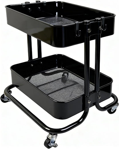 2 Tier Short Rolling Cart with Wheels for Under Desk Storage & Pantry Storage, Large Capacity Metal Kitchen Utility Cart for Small Space, Laundry Room Organizer Side Table with 4 Hooks, White