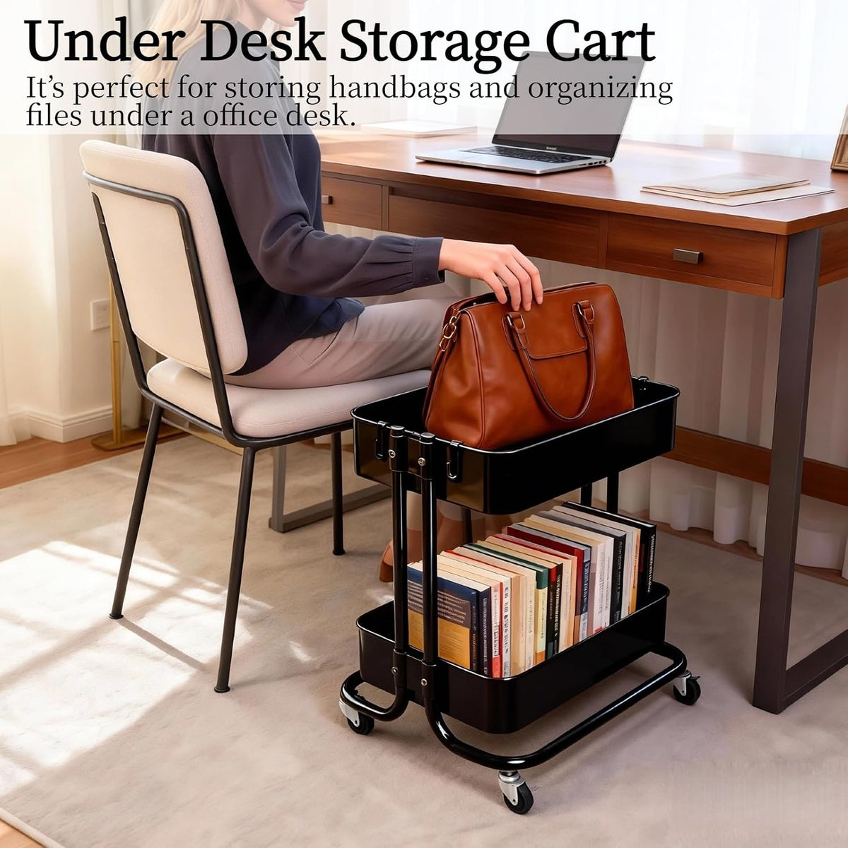 2 Tier Short Rolling Cart with Wheels for Under Desk Storage & Pantry Storage, Large Capacity Metal Kitchen Utility Cart for Small Space, Laundry Room Organizer Side Table with 4 Hooks, White