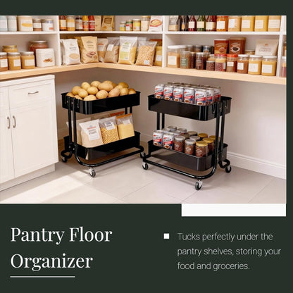 2 Tier Short Rolling Cart with Wheels for Under Desk Storage & Pantry Storage, Large Capacity Metal Kitchen Utility Cart for Small Space, Laundry Room Organizer Side Table with 4 Hooks, White