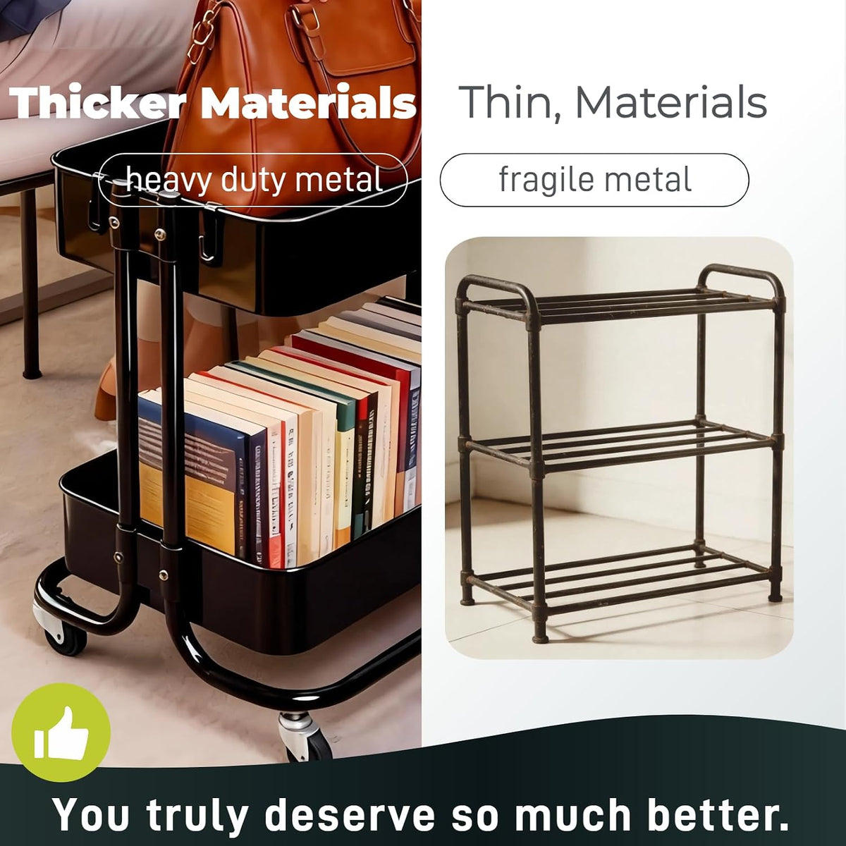 2 Tier Short Rolling Cart with Wheels for Under Desk Storage & Pantry Storage, Large Capacity Metal Kitchen Utility Cart for Small Space, Laundry Room Organizer Side Table with 4 Hooks, White
