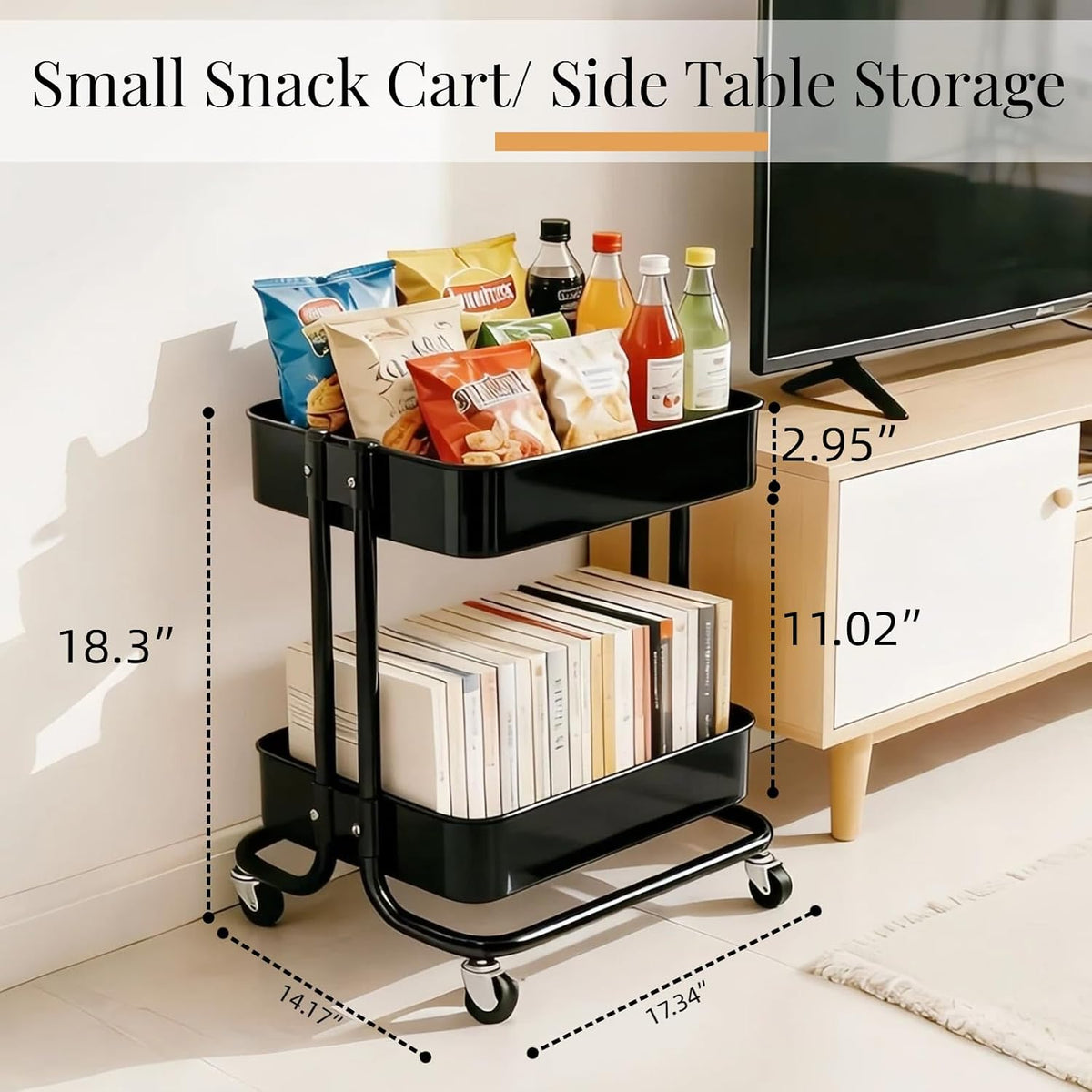2 Tier Short Rolling Cart with Wheels for Under Desk Storage & Pantry Storage, Large Capacity Metal Kitchen Utility Cart for Small Space, Laundry Room Organizer Side Table with 4 Hooks, White