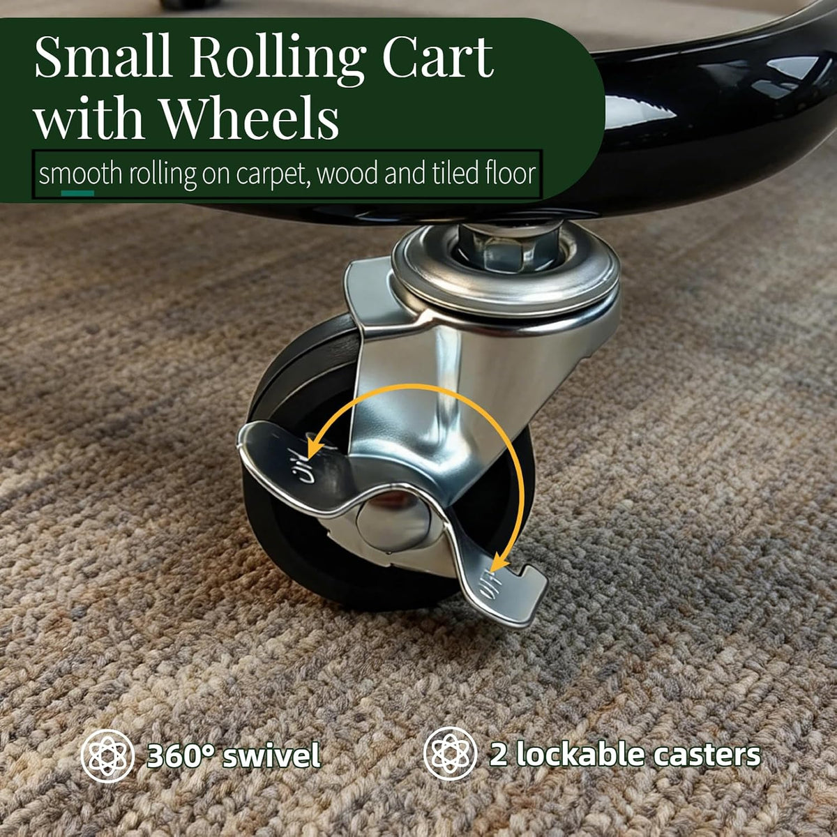 2 Tier Short Rolling Cart with Wheels for Under Desk Storage & Pantry Storage, Large Capacity Metal Kitchen Utility Cart for Small Space, Laundry Room Organizer Side Table with 4 Hooks, White