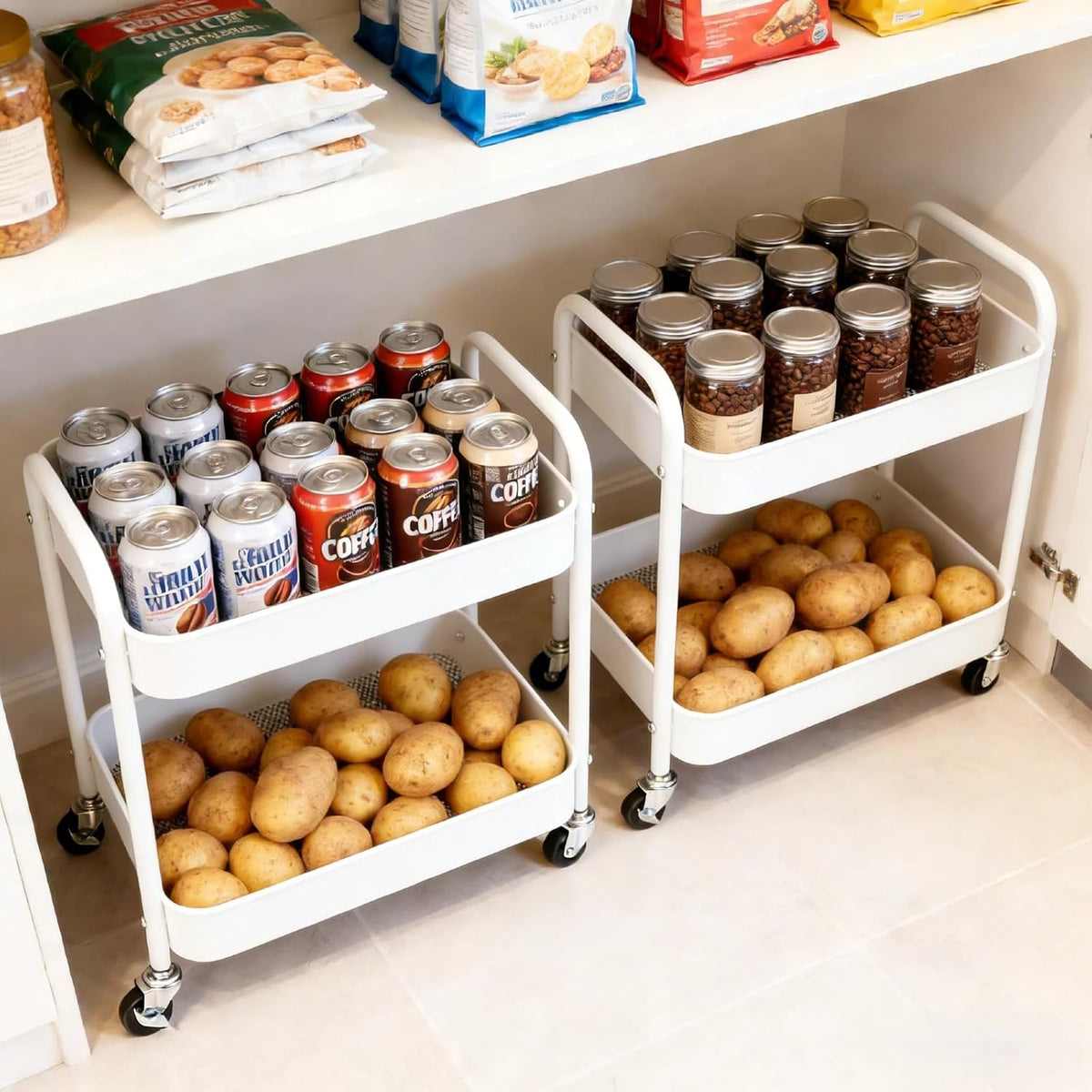 2 Tier Short Rolling Cart with Wheels for Under Desk Storage & Pantry Storage, Large Capacity Metal Kitchen Utility Cart for Small Space, Laundry Room Organizer Side Table with 4 Hooks, White