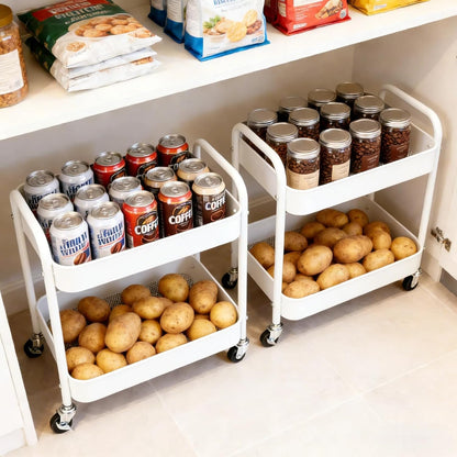 2 Tier Short Rolling Cart with Wheels for Under Desk Storage & Pantry Storage, Large Capacity Metal Kitchen Utility Cart for Small Space, Laundry Room Organizer Side Table with 4 Hooks, White