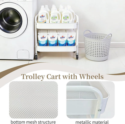 2 Tier Short Rolling Cart with Wheels for Under Desk Storage & Pantry Storage, Large Capacity Metal Kitchen Utility Cart for Small Space, Laundry Room Organizer Side Table with 4 Hooks, White