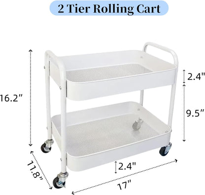 2 Tier Short Rolling Cart with Wheels for Under Desk Storage & Pantry Storage, Large Capacity Metal Kitchen Utility Cart for Small Space, Laundry Room Organizer Side Table with 4 Hooks, White