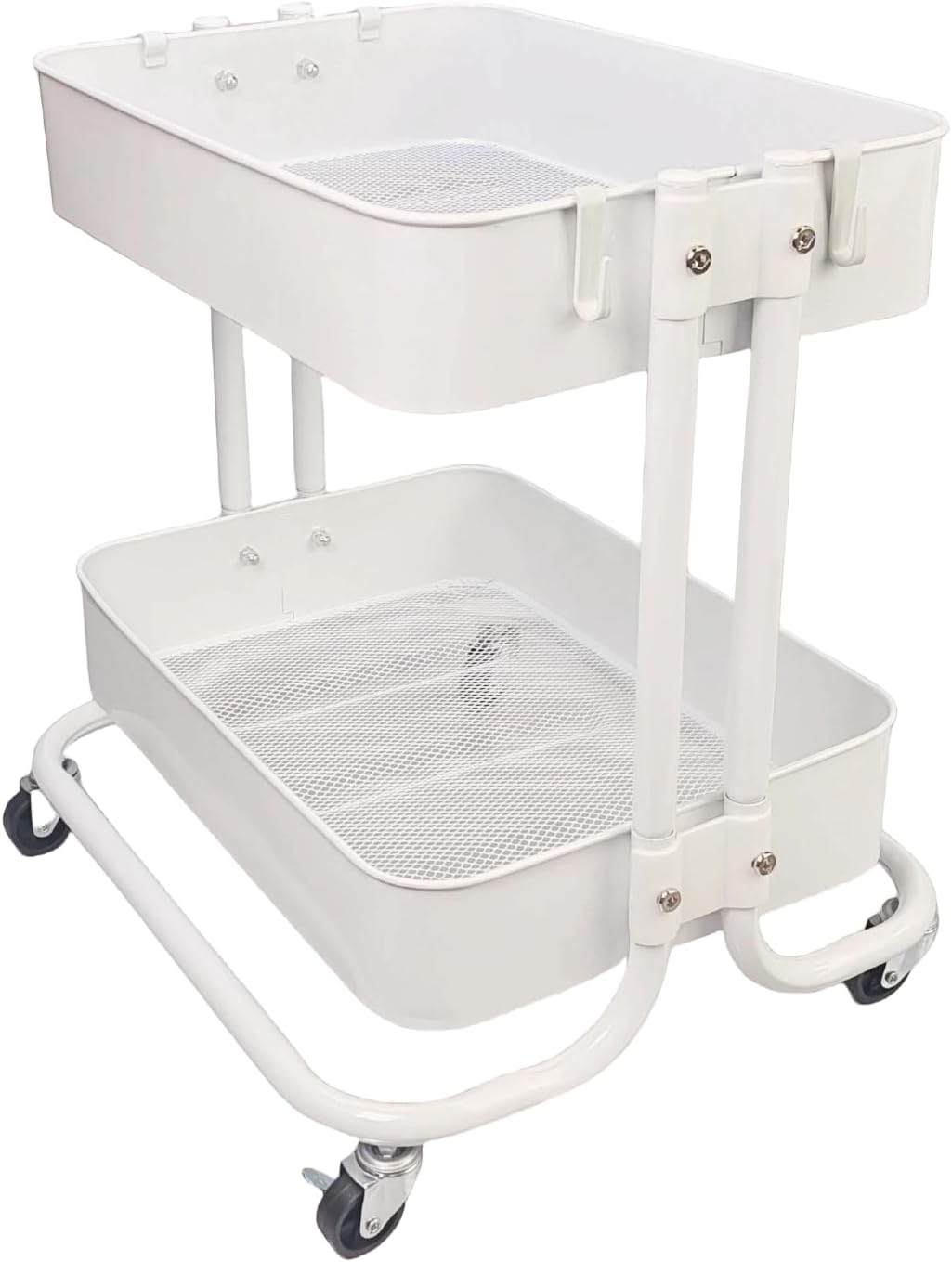 2 Tier Short Rolling Cart with Wheels for Under Desk Storage & Pantry Storage, Large Capacity Metal Kitchen Utility Cart for Small Space, Laundry Room Organizer Side Table with 4 Hooks, White
