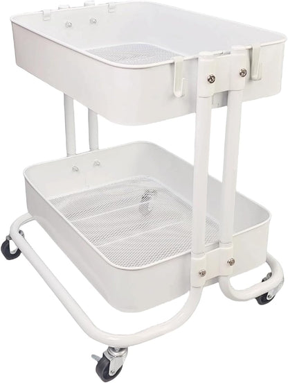 2 Tier Short Rolling Cart with Wheels for Under Desk Storage & Pantry Storage, Large Capacity Metal Kitchen Utility Cart for Small Space, Laundry Room Organizer Side Table with 4 Hooks, White